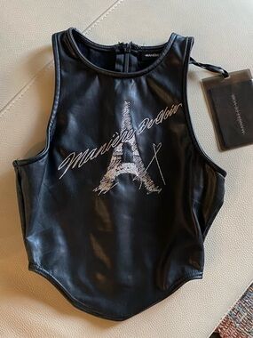 Maniere De Voir Black Faux Leather Paris Graphic Tank